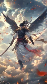 Winged swordsman descends through dense illuminated clouds