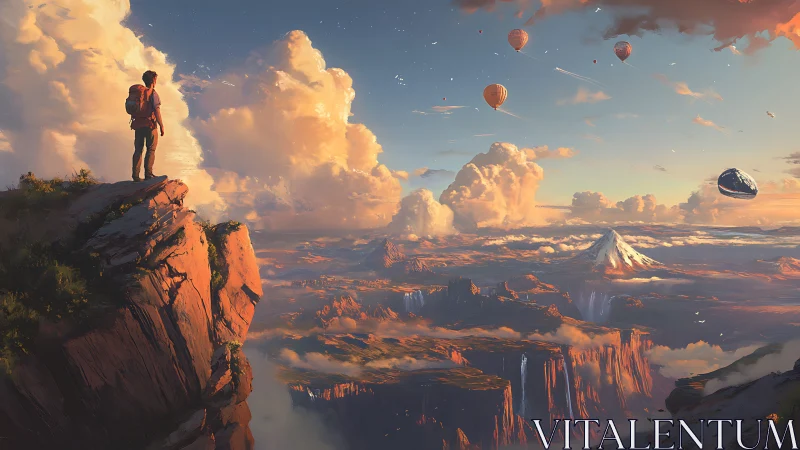 Hiker on cliff edge overlooking vast fantasy canyon sky
