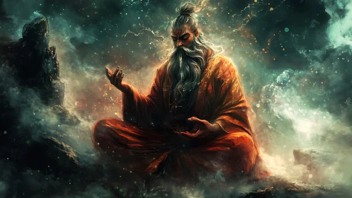 Mystic sage in fiery robes meditates amid swirling astral storm