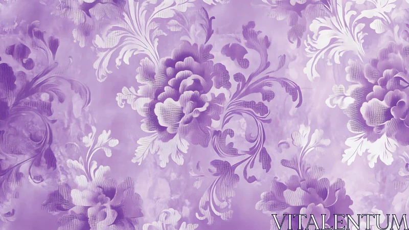 Purple floral damask pattern with layered botanical motifs and ornamental scrollwork.