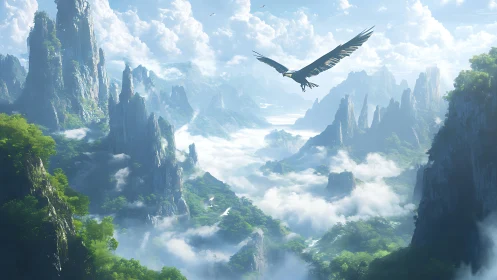 Eagle gliding over misty jade peaks in morning light.