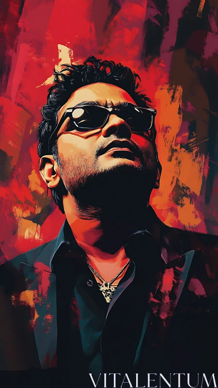 Bold portrait in red with confident sunglasses and light.