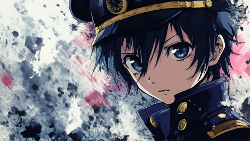 Serious blue eyed anime cadet against abstract splatter.