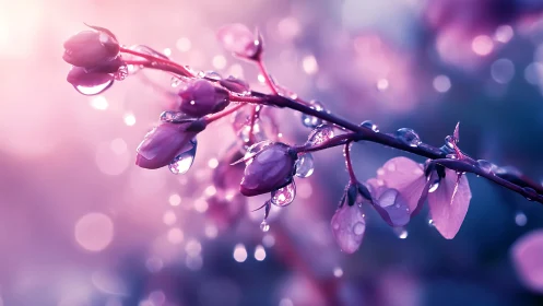 Dewlit violet blossom branch in dreamy macro bokeh glow.