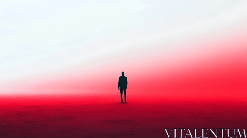 Silhouette stands on red ground below white gradient sky