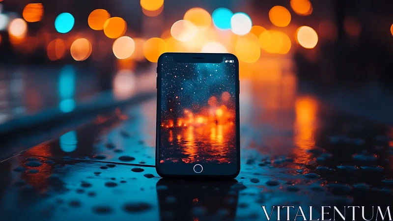 Smartphone on wet street with neon bokeh depth-of-field study.