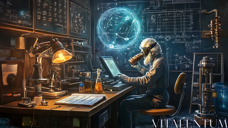 Elderly scientist works in cluttered lab with holographic globe.