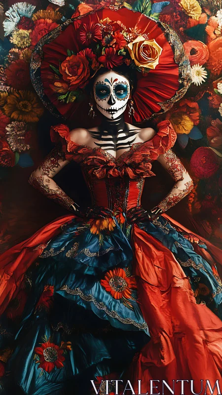 Midnight calavera queen crowned in molten marigolds.
