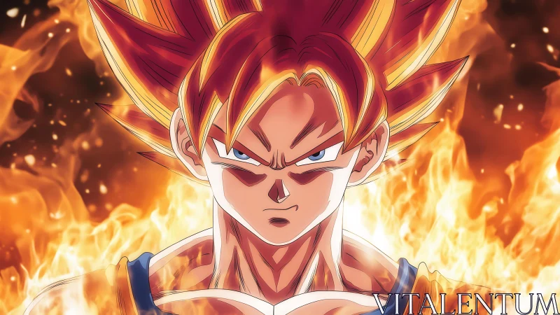 Fiery anime warrior ascends in a blazing, focused power aura