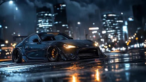 Midnight tuner beast prowls through neon soaked city rain.