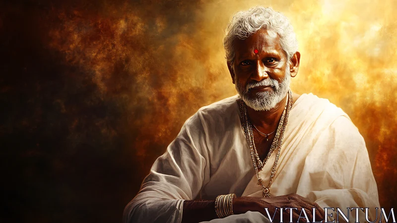 Elderly Indian guru in radiant saffron light, digital portrait