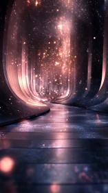 Curved metallic tunnel with glowing particles and light.