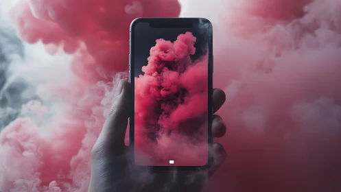 Smartphone screen aligns with surrounding pink smoke cloud