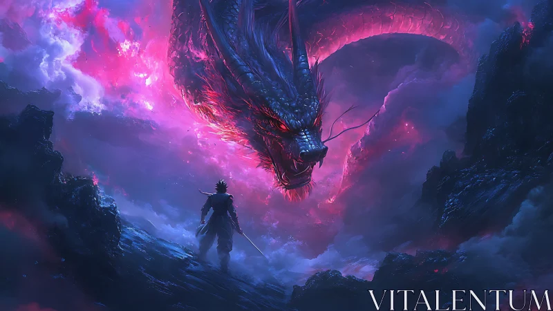 Warrior confronts colossal glowing dragon in stormy chasm
