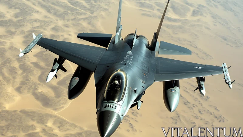 Photorealistic jet fighter over desert with dynamic perspective.