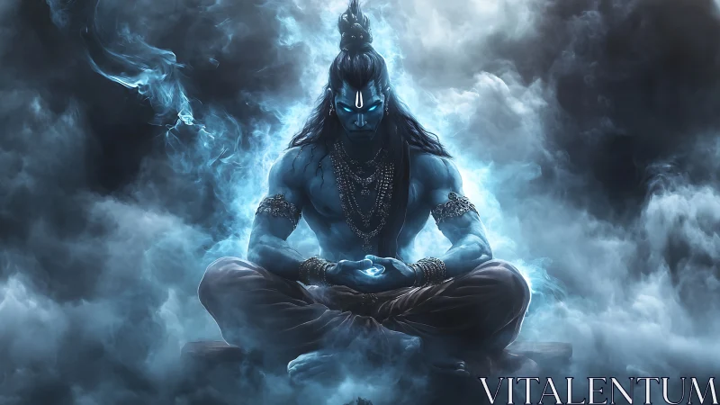Blue humanoid figure in meditative pose within dense smoke.