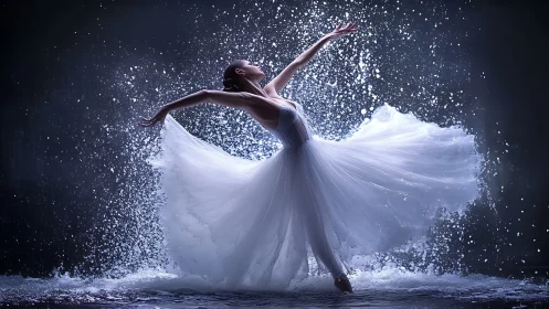Ballet dancer extends arms while water splashes around