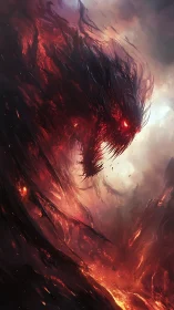 Fiery shadow spirit rises in swirling smoke and molten light