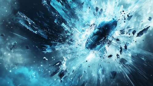 Spacecraft impact with radial blue debris in deep space.