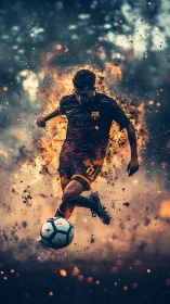 Blazing soccer kick caught in a swirl of sparks and smoke.