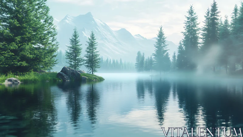 Foggy alpine lake with pine forest and distant peaks.