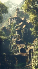 Sunlit mountain citadel rises above mossed stone bridges.