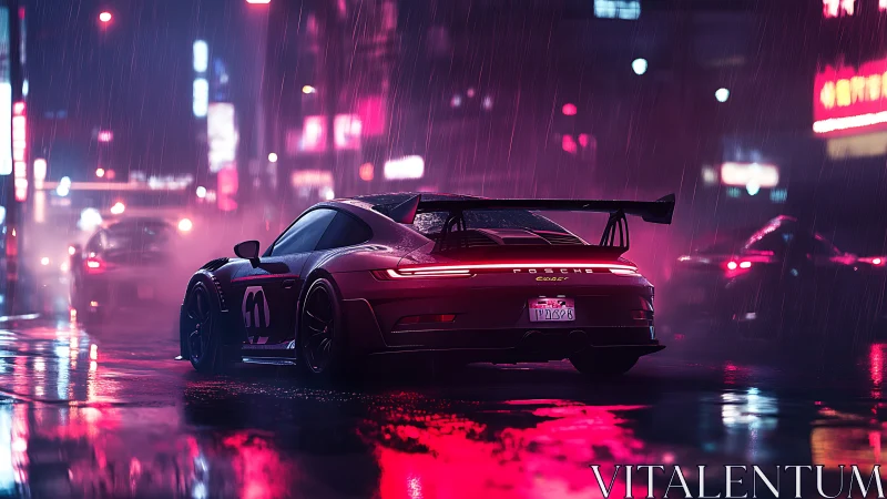 Neon rain crowns a racing Porsche stalking the wet city