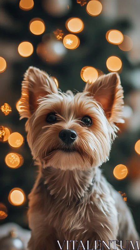 Yorkshire terrier gazes softly before warm holiday lights