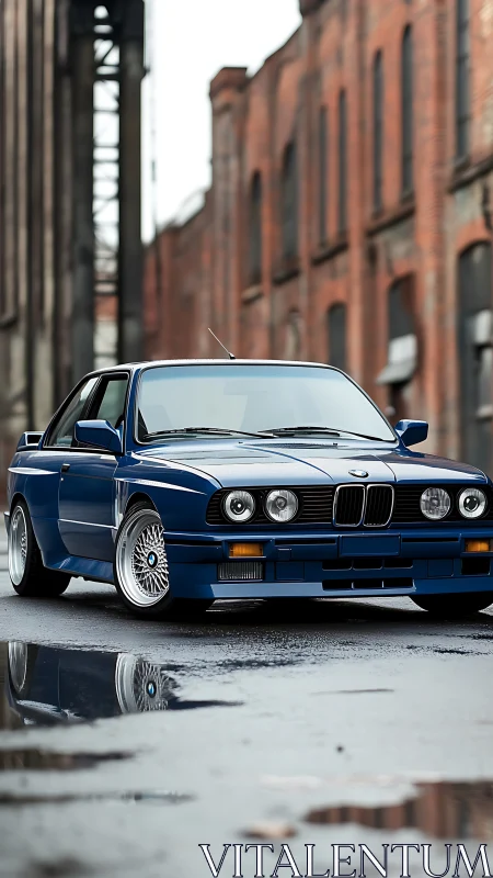 Restored blue BMW E30 coupe on wet industrial city street