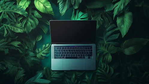 Open laptop computer centered amid dense green foliage.