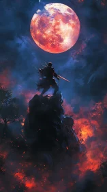 Lone warrior faces burning crimson moon above wildfire