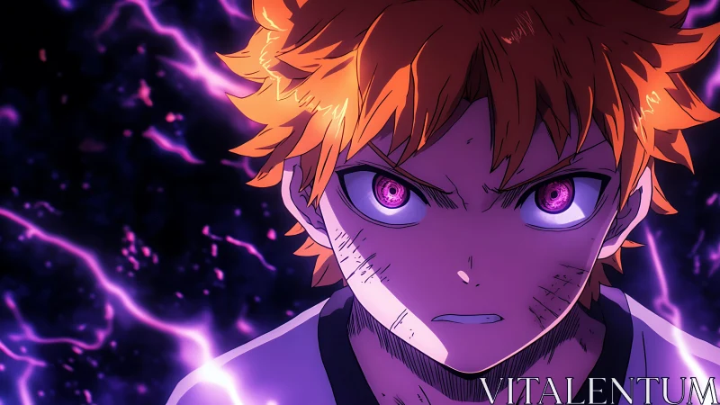 Electric-eyed anime hero charging into a fierce showdown.