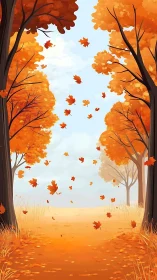 Autumn Forest Pathway: Trees Frame Falling Leaves.