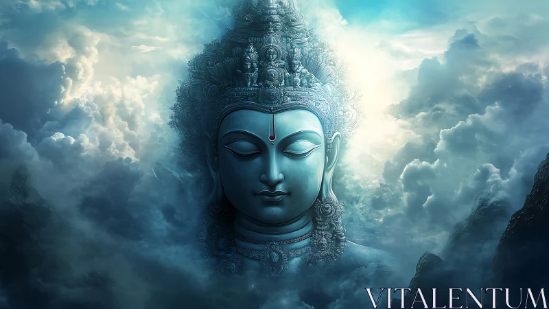 Serene celestial deity resting in quiet, misty blue clouds.