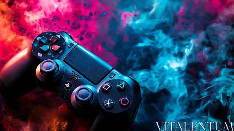 Game controller rests amid neon pink and blue smoke glow