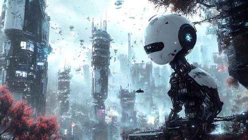 Giant observant robot oversees dense floating cityscape