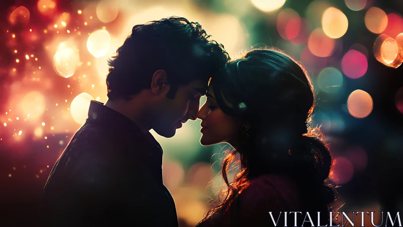 Couple in Intimate Moment Bathed in Warm Bokeh Lights