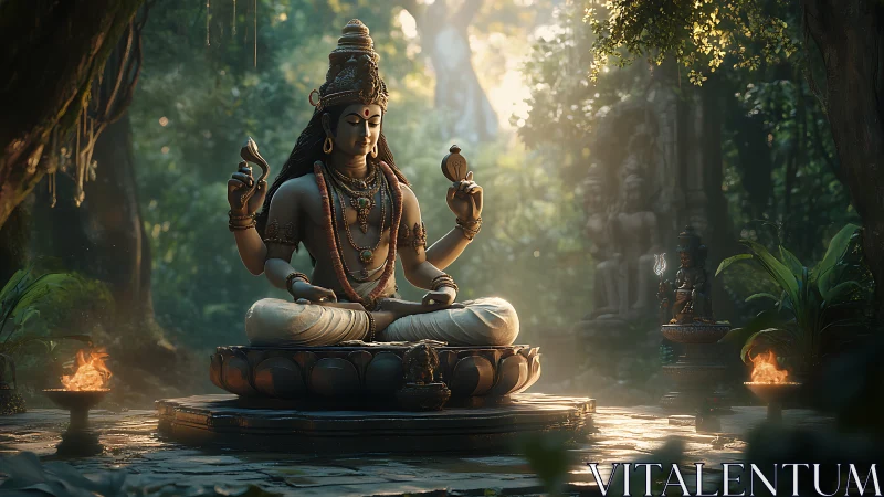 Serene forest deity in golden morning light of quiet devotion.