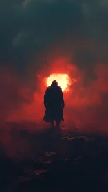 Lone wanderer strides toward a blazing red celestial gate