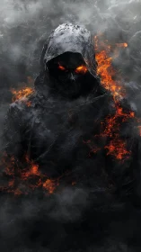 Hooded skull figure with burning eyes stands in heavy smoke