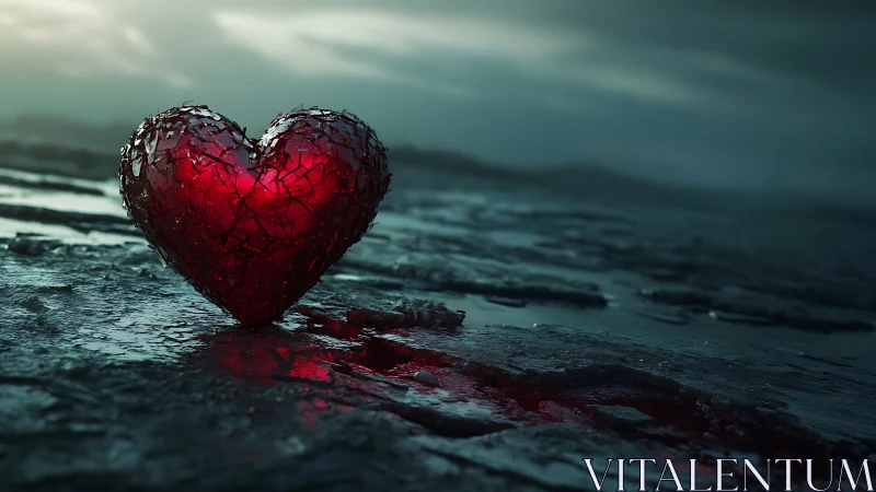 Crystalline heart stone rests on dark shores.