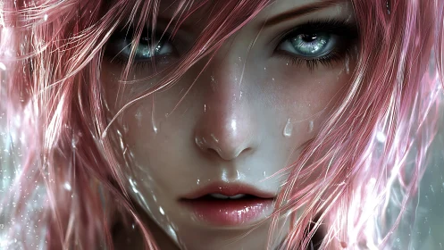Intense wet portrait of pink haired digital woman.