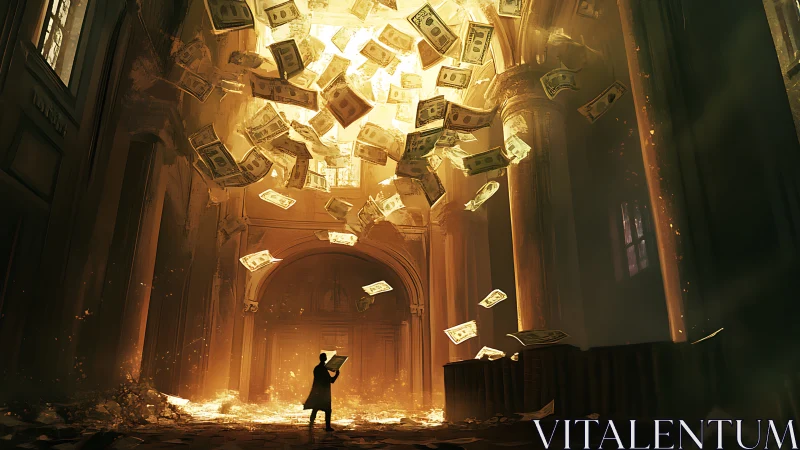 Cat-suited oracle under a cathedral storm of burning cash.