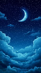 Moonlit crescent floats above dreamy layered night clouds