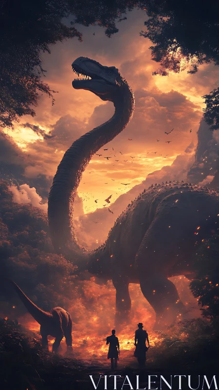 Colossal sauropod towers over explorers in fiery jungle dusk
