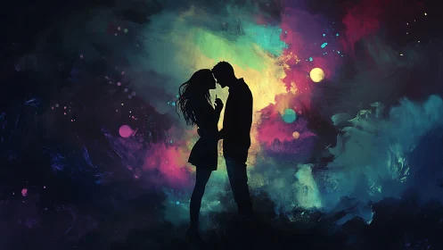 Silhouetted Couple Against Chromatic Particle Nebula with Luminous Atmospheric Rendering