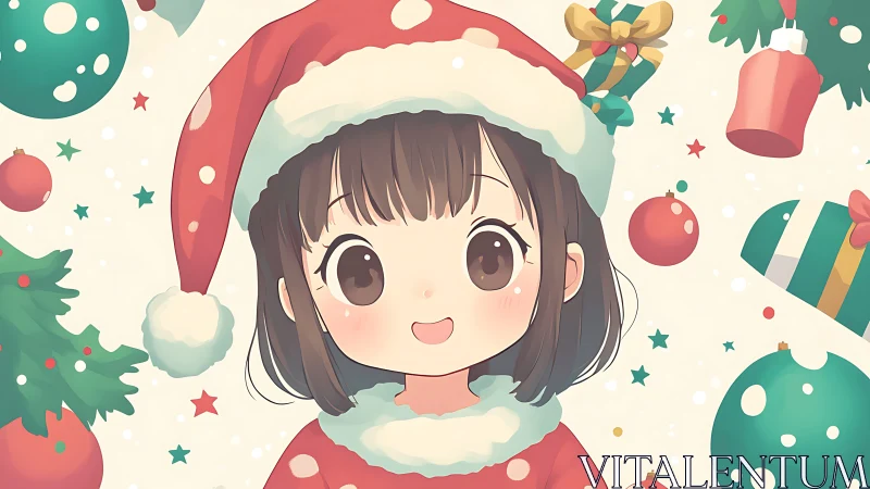 Anime-style child in red Santa outfit with ornaments.