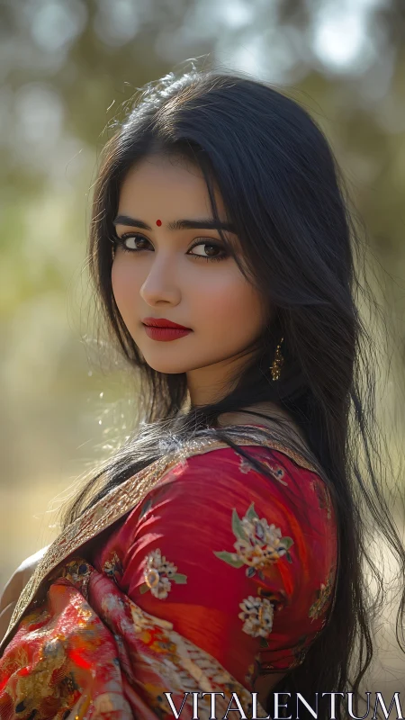 Shallow depth portrait captures intricate sari textures and warm bokeh