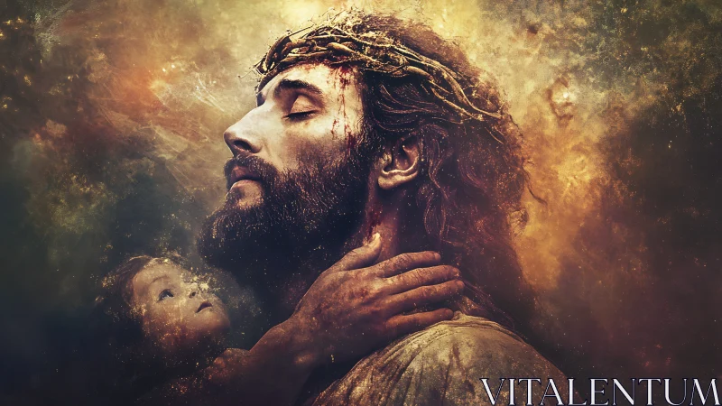 Tender embrace in a glowing storm of faith and comfort.