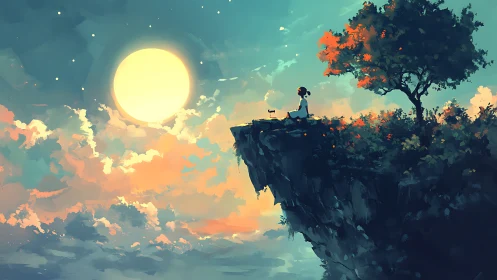 Girl sits on cliff edge under large glowing moon